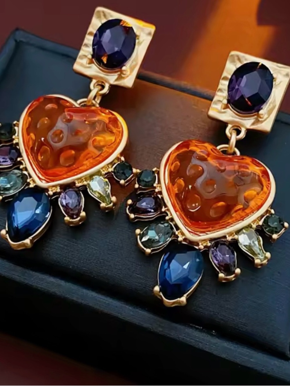 Gold-Tone Amber Heart Drop Earrings with Multicolor Gem Accents